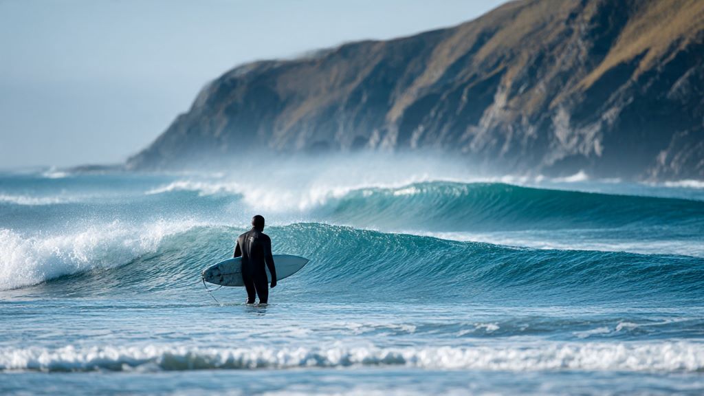 1. Surfer paddling out into empty cold water waves wearing thick wetsuit and hood at remote coastal break