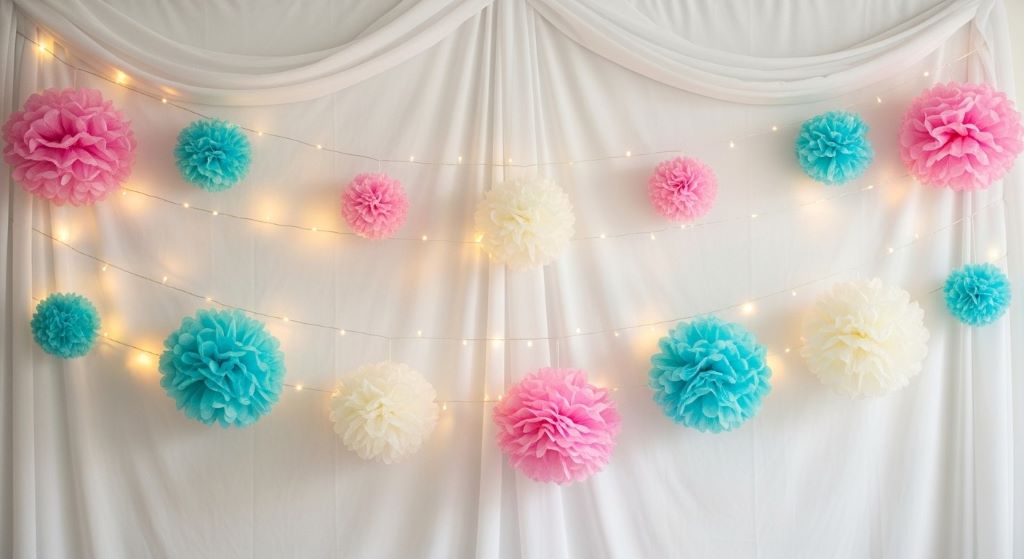 Simple white fabric backdrop decorated with string lights and tissue paper pom-poms for last-minute party photography