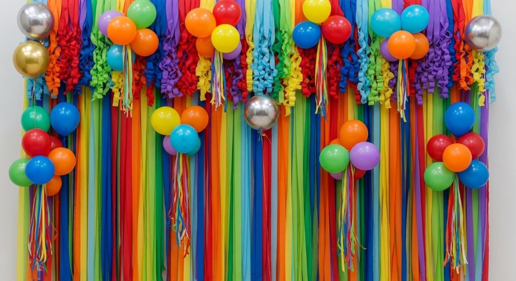 Colorful streamers and balloons creating a festive DIY photo booth backdrop for party pictures