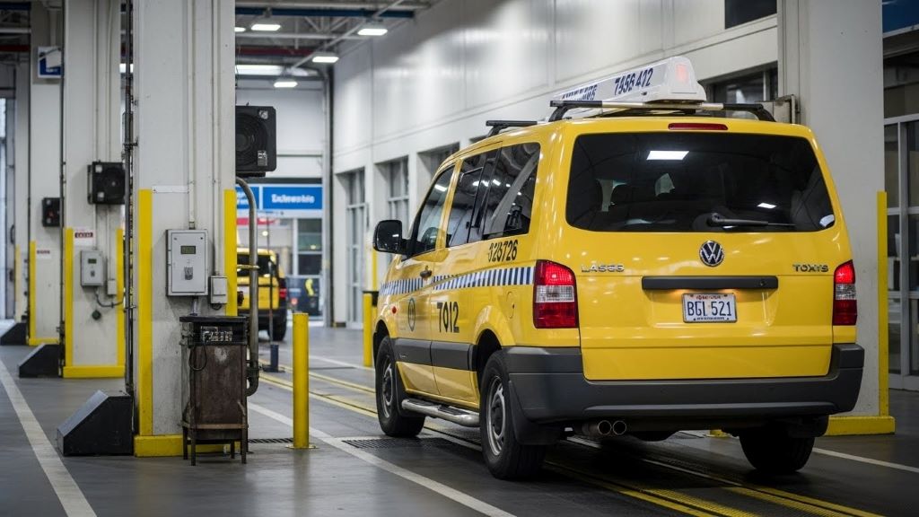 Professional livery vehicle parked at inspection station undergoing mandatory safety and emissions testing