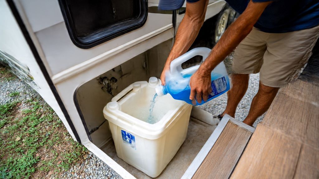 Person sanitizing RV water system by pouring bleach solution into fresh water tank