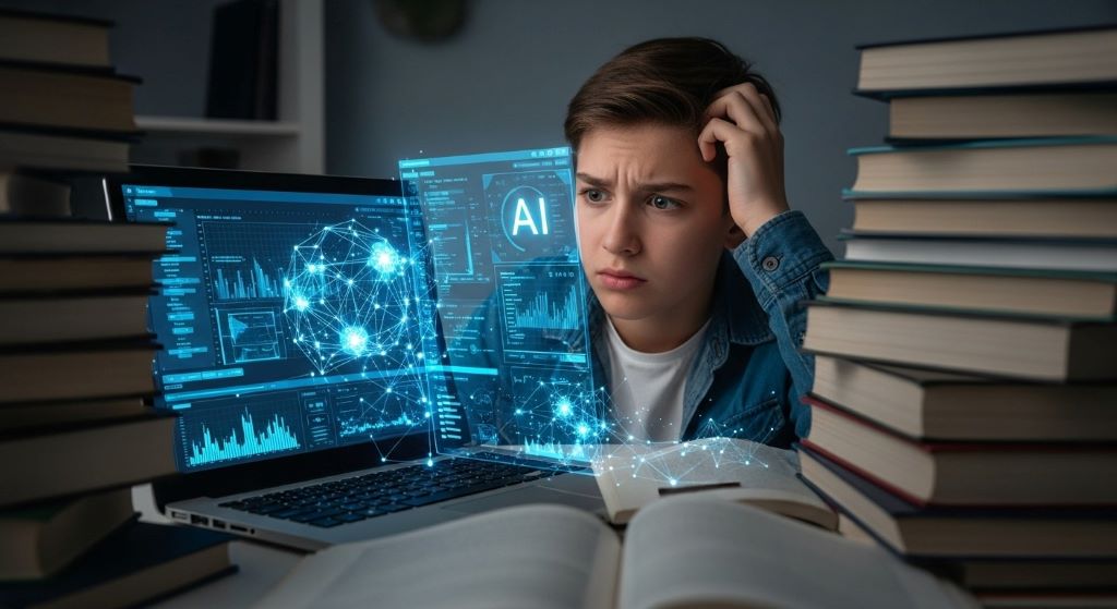 Student looking confused at laptop screen showing AI interface while surrounded by unopened textbooks representing technology dependence in education