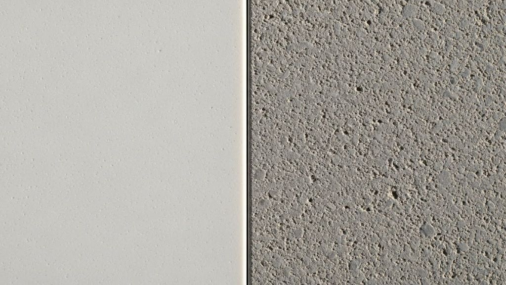 Close-up comparison of technical porcelain and sintered stone surface textures showing material differences