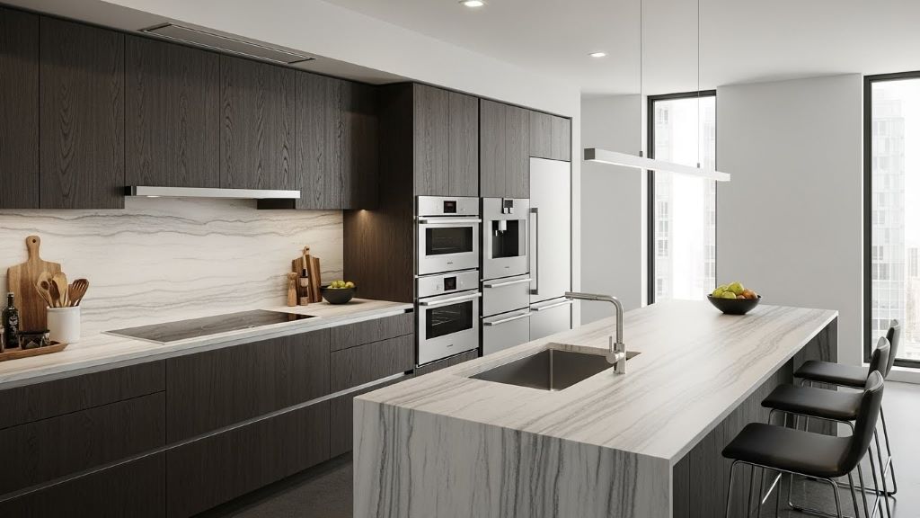 Modern kitchen featuring sintered stone countertops with sleek design and contemporary appliances