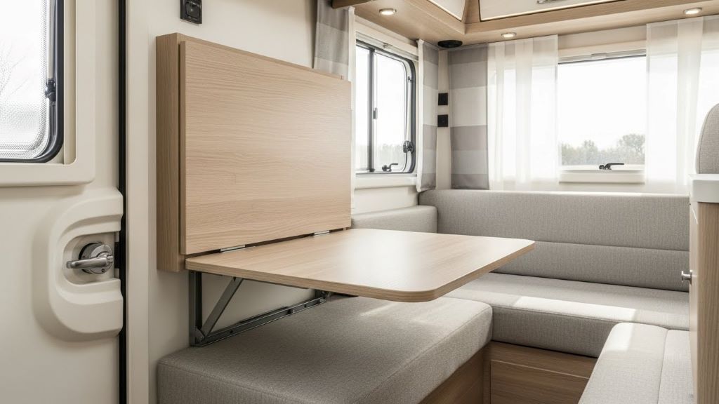 Fold-down wall-mounted table in modern RV interior creating extra living space when closed
