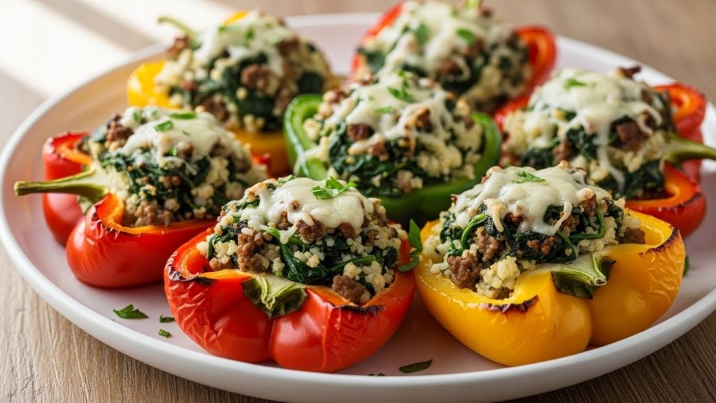 Grass-fed beef stuffed bell peppers filled with spinach and cauliflower rice on a white plate