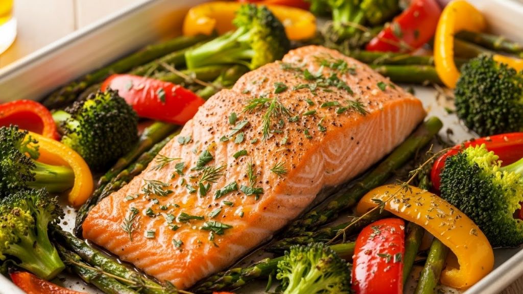 Colorful sheet pan dinner with salmon, broccoli, bell peppers, and asparagus drizzled with olive oil and herbs