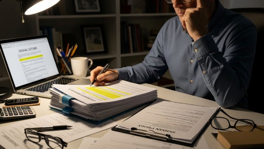 Person reviewing insurance policy documents and denial letter while preparing appeal paperwork for claim dispute