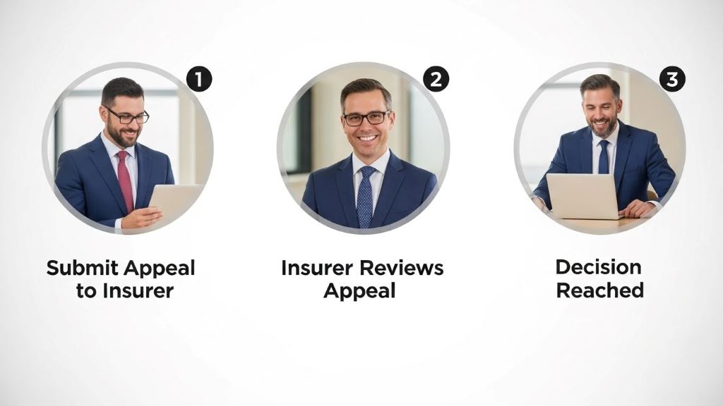 Insurance claim denial appeal process flowchart showing steps from internal review to Financial Ombudsman Service in the UK