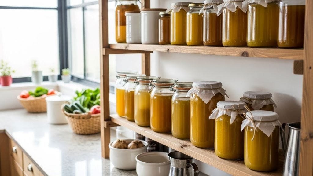 Glass jars filled with golden bone broth and vegetable stock stored on wooden shelves in a sustainable zero waste kitchen