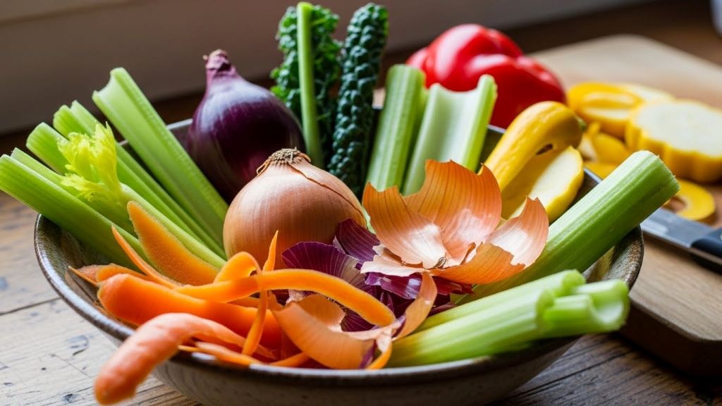 Colorful vegetable scraps including carrot peels, onion skins, and celery ends arranged in a bowl ready for making homemade stock