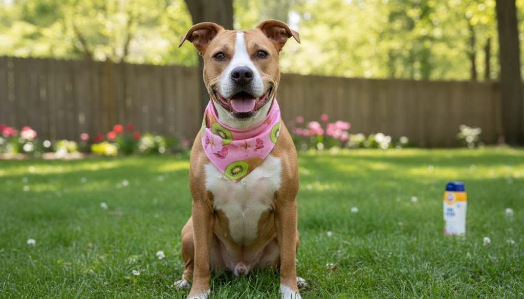 Dog with shiny coat after grooming, sitting outdoors