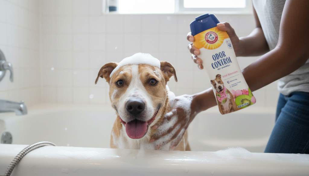 Person bathing a happy dog in a tub with shampoo bubbles