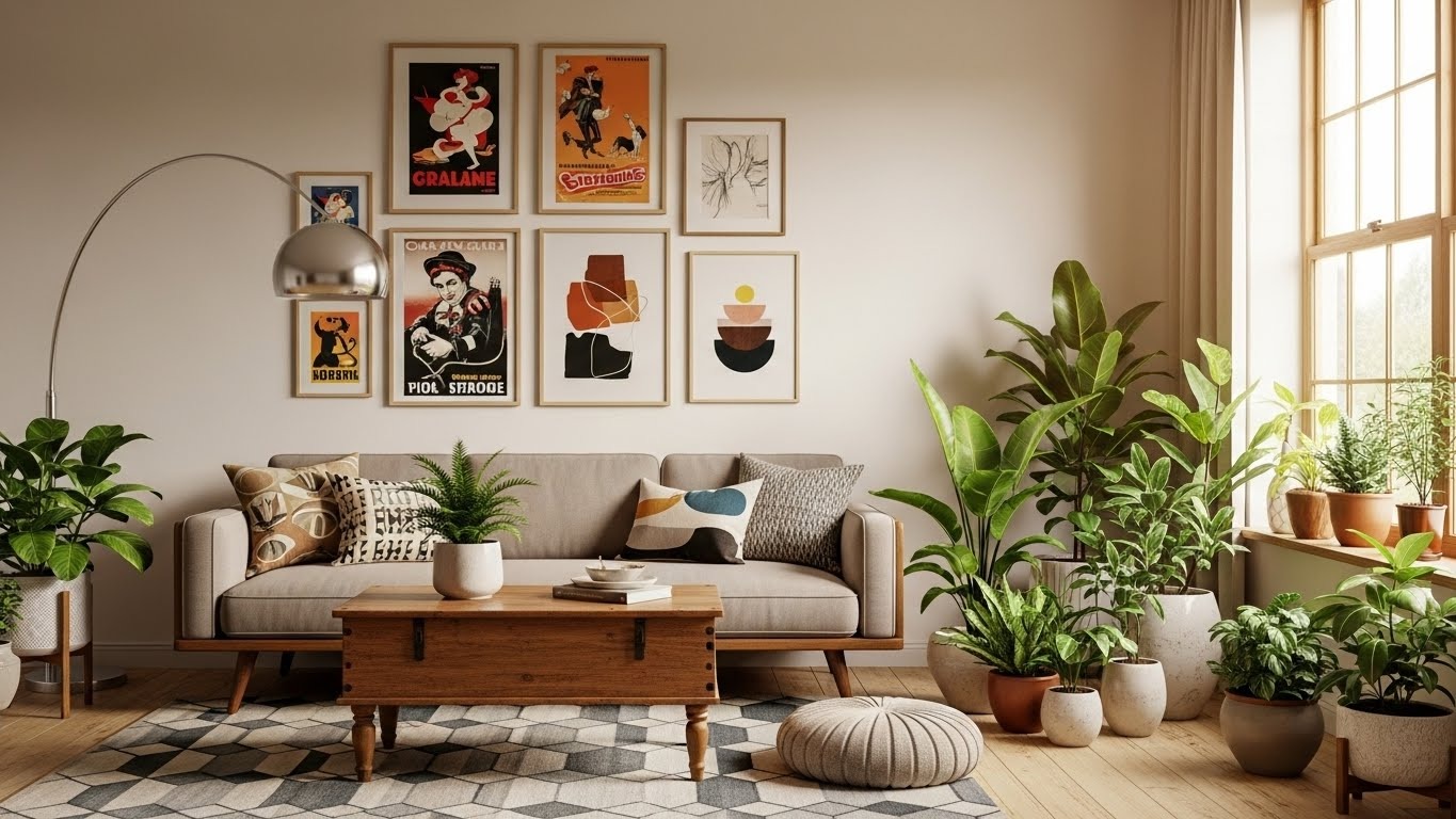 Vintage modern interior design with balanced furniture
