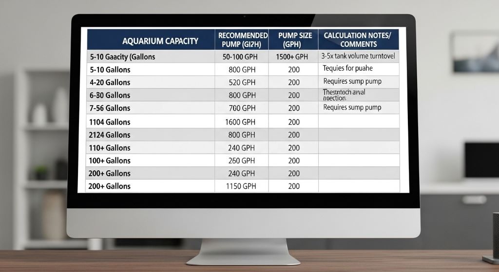 Comparison chart displaying recommended pump sizes and GPH calculations for various aquarium gallon capacities from small to large tanks