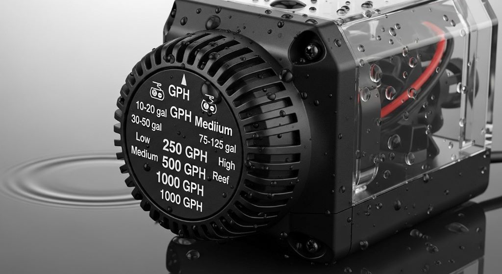 Aquarium water pump with flow rate adjustment dial showing GPH settings for different tank sizes and circulation requirements