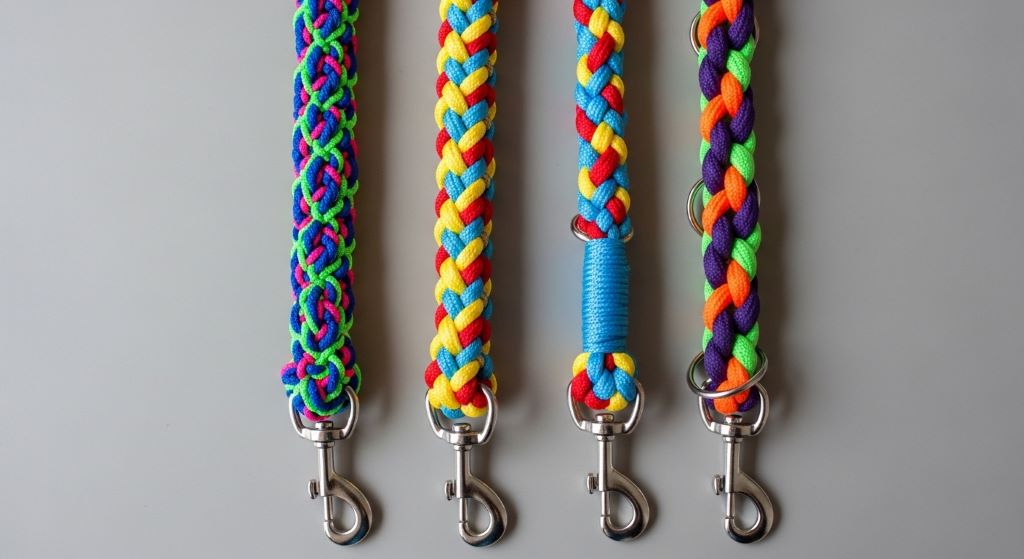 Comparison of three colorful rope dog leashes laid flat showing different braiding patterns and metal hardware clips for strength testing