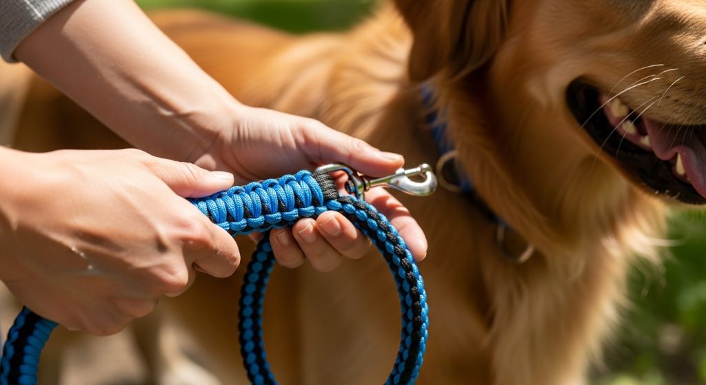 Close-up of hands holding braided nylon rope dog leash with sturdy metal clip attached to golden retriever's collar during outdoor walk