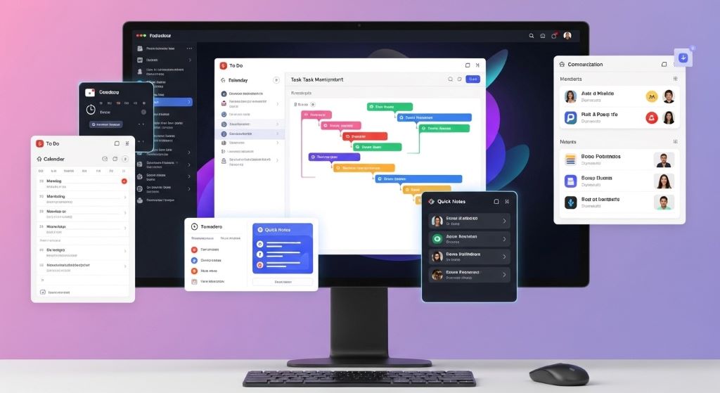 Digital workspace showing time-saving apps and task management system for streamlined office productivity