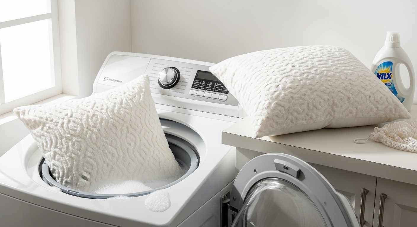polyester fiberfill pillow being placed inside washing machine