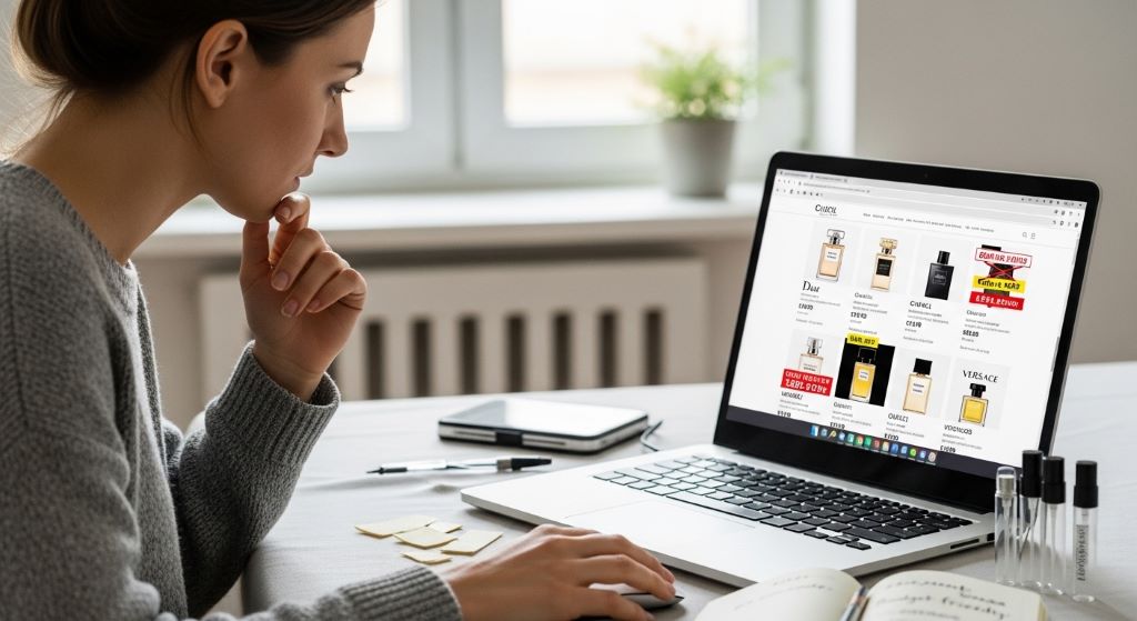 Woman comparing perfume prices online while shopping for budget-friendly designer scents