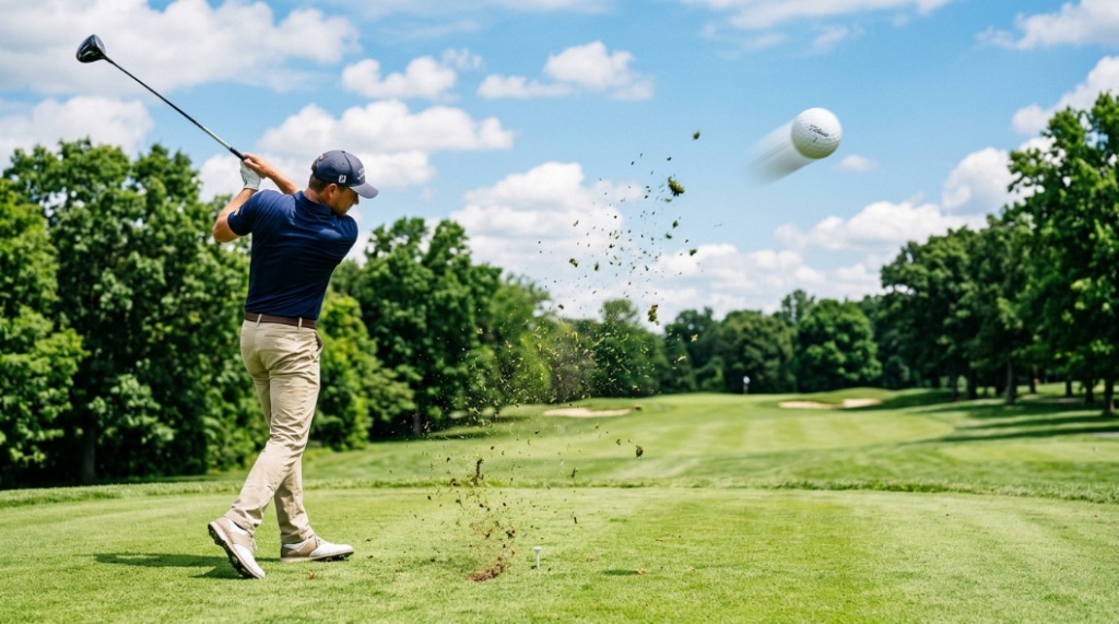 Affordable golf ball in flight after a high-velocity drive.