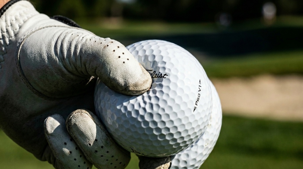 Close-up of a soft feel golf ball with premium dimple pattern.