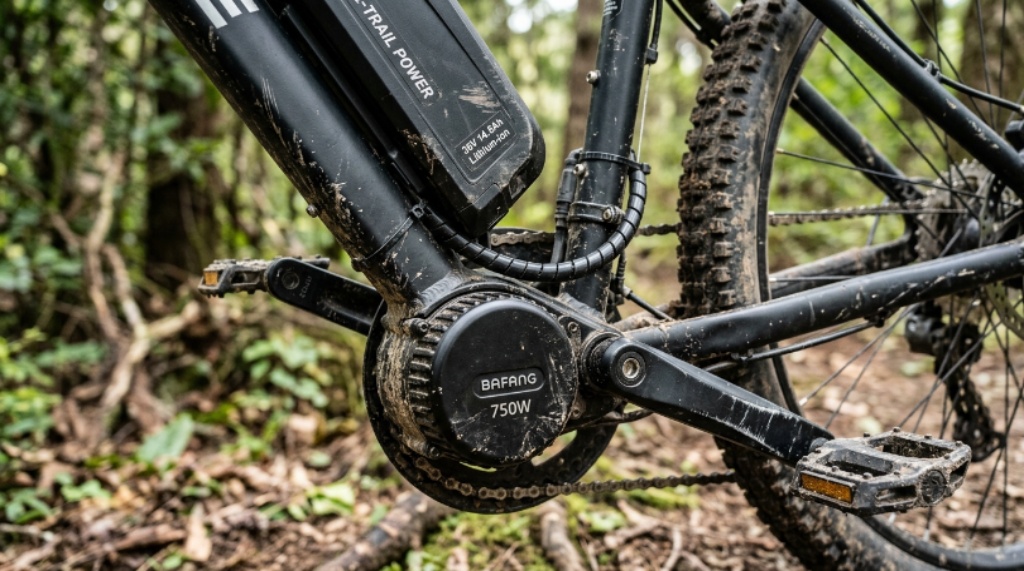 Close-up of the motor and battery system on a low-cost electric bicycle built for off-road trail use