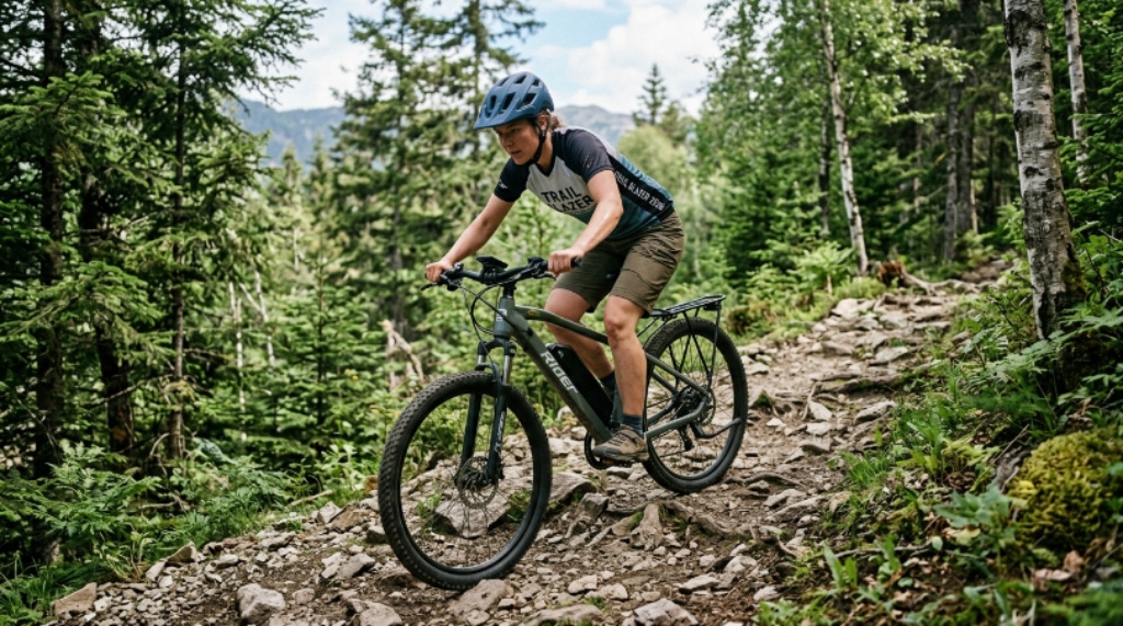 Rider on a budget electric mountain bike climbing a rocky trail through a forest in 2026