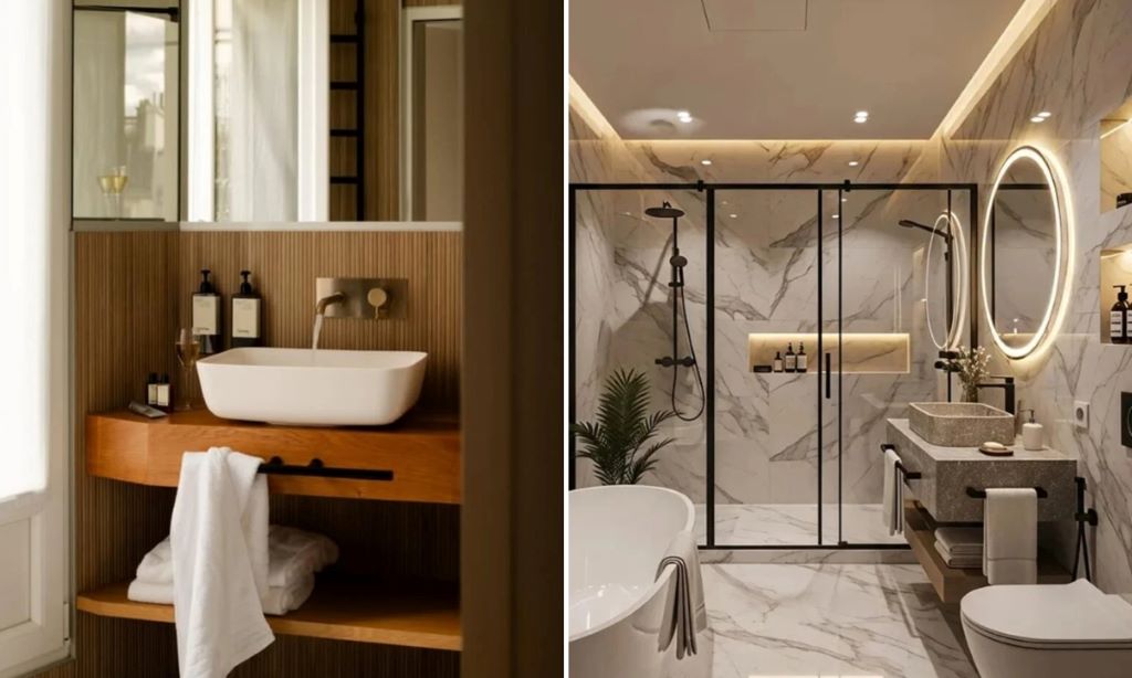 Luxury hotel-style bathroom with soft towels and modern decor on a budget