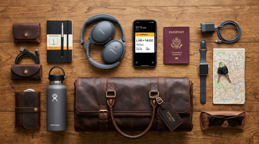 Flat lay of folded travel headphones, an iPhone, and a passport on wood.