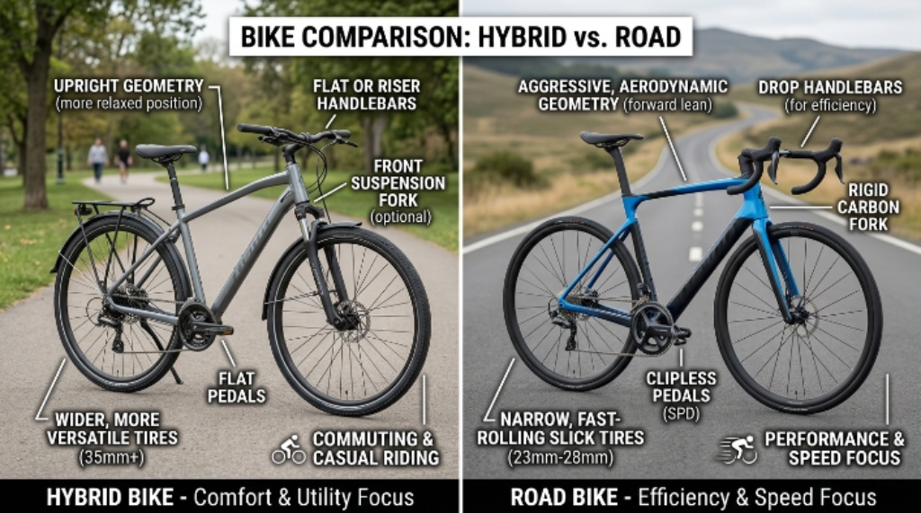 Hybrid bike vs road bike comparison