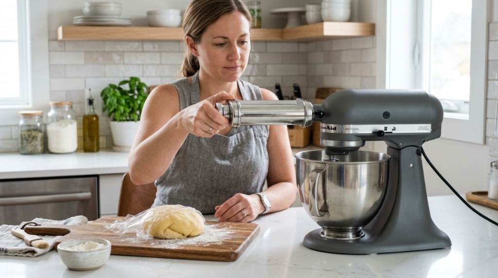 Close-up of an affordable electric stand mixer whipping eggs in a glass bowl.