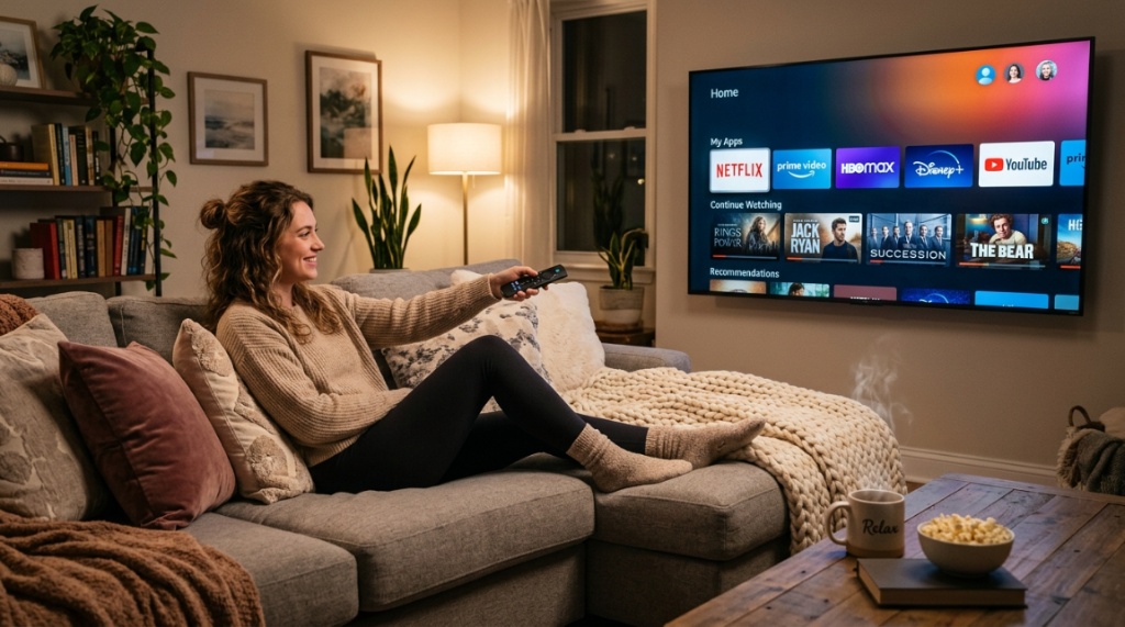 Person holding an Alexa remote pointing at a television screen displaying streaming apps. 3. Supporting Image