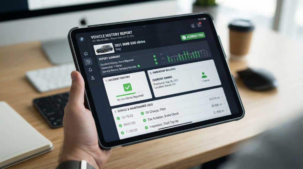 Buyer reviewing a used car history report