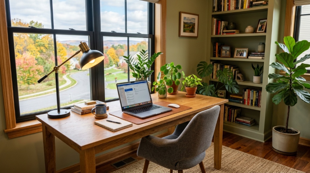 Adjustable LED desk lamp illuminating a computer screen with anti-glare.