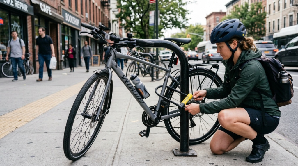 Heavy U-lock securing a bicycle frame to a metal post.